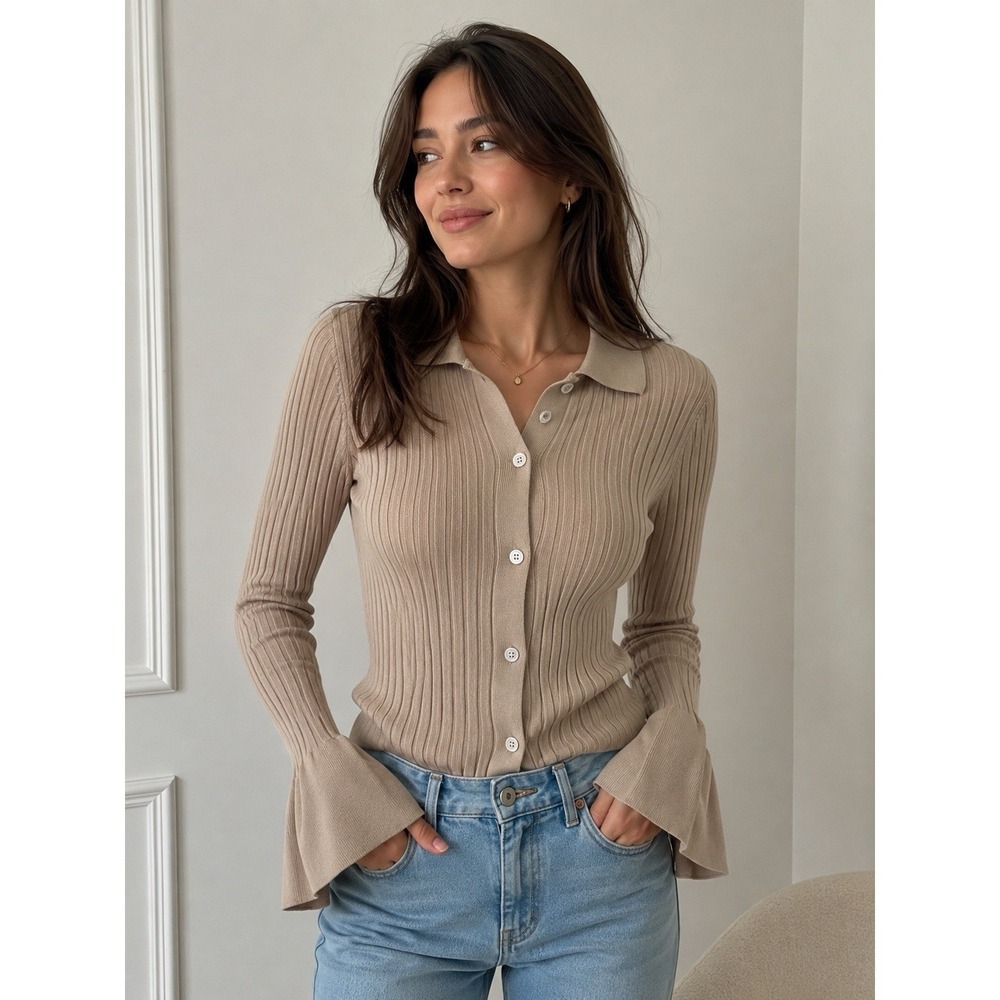 More To Come Ribbed Knit Collared Cardigan Top Beige Revolve‎ Bell Sleeve S